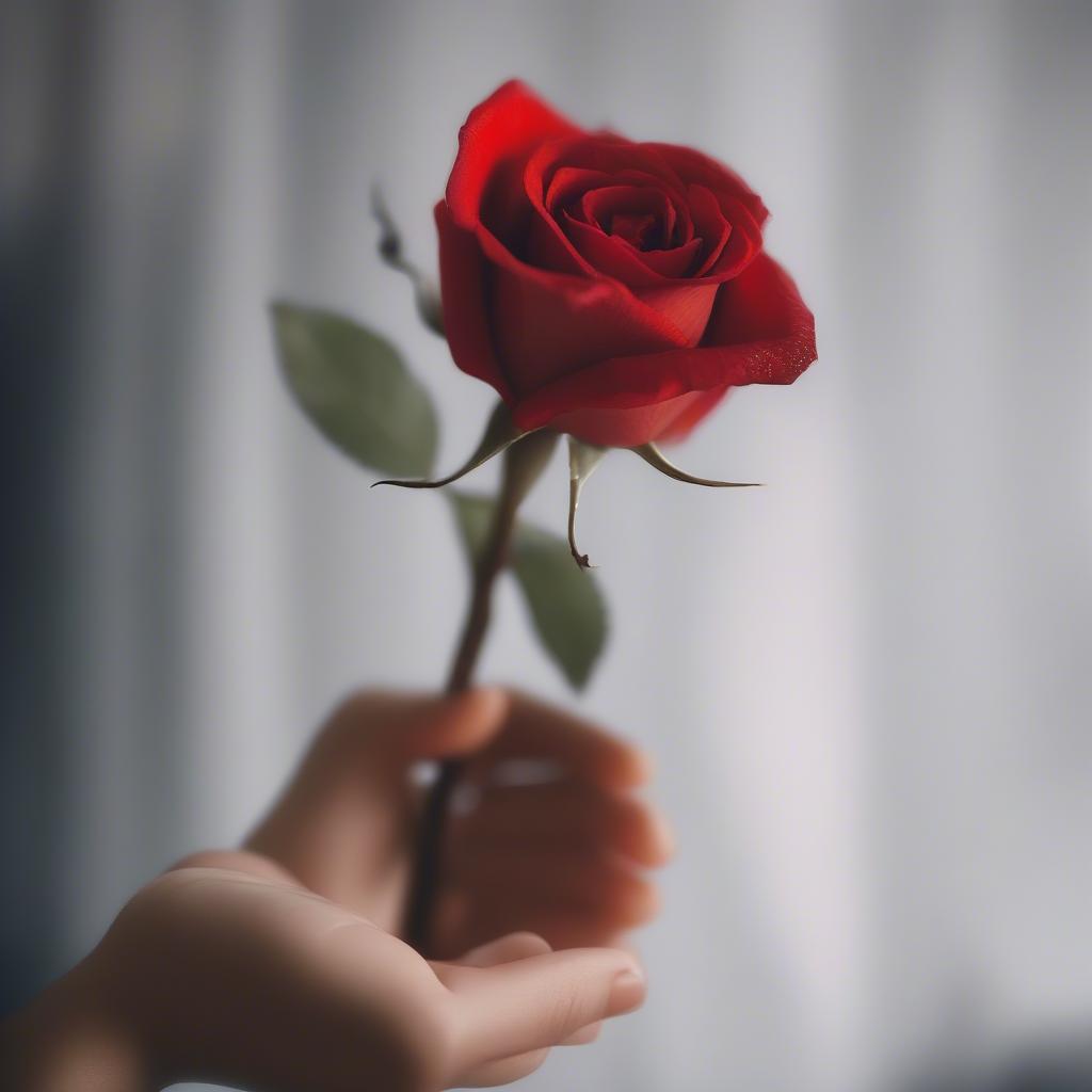 Người phụ nữ cầm bông hoa hồng đỏ trên tay