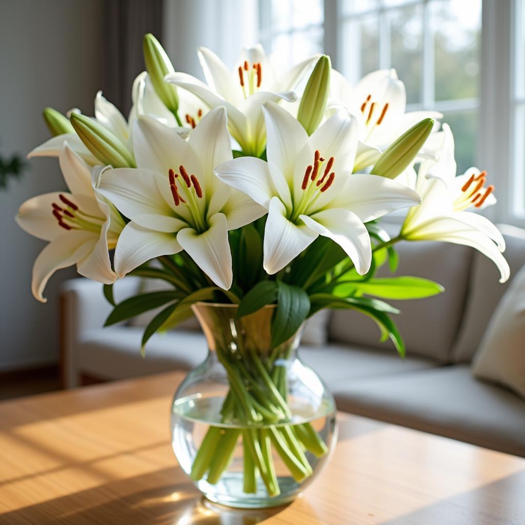 Bó hoa loa kèn trắng tươi tắn đặt trên bàn gỗ, mang đến vẻ đẹp thanh lịch và hương thơm dịu nhẹ cho không gian sống