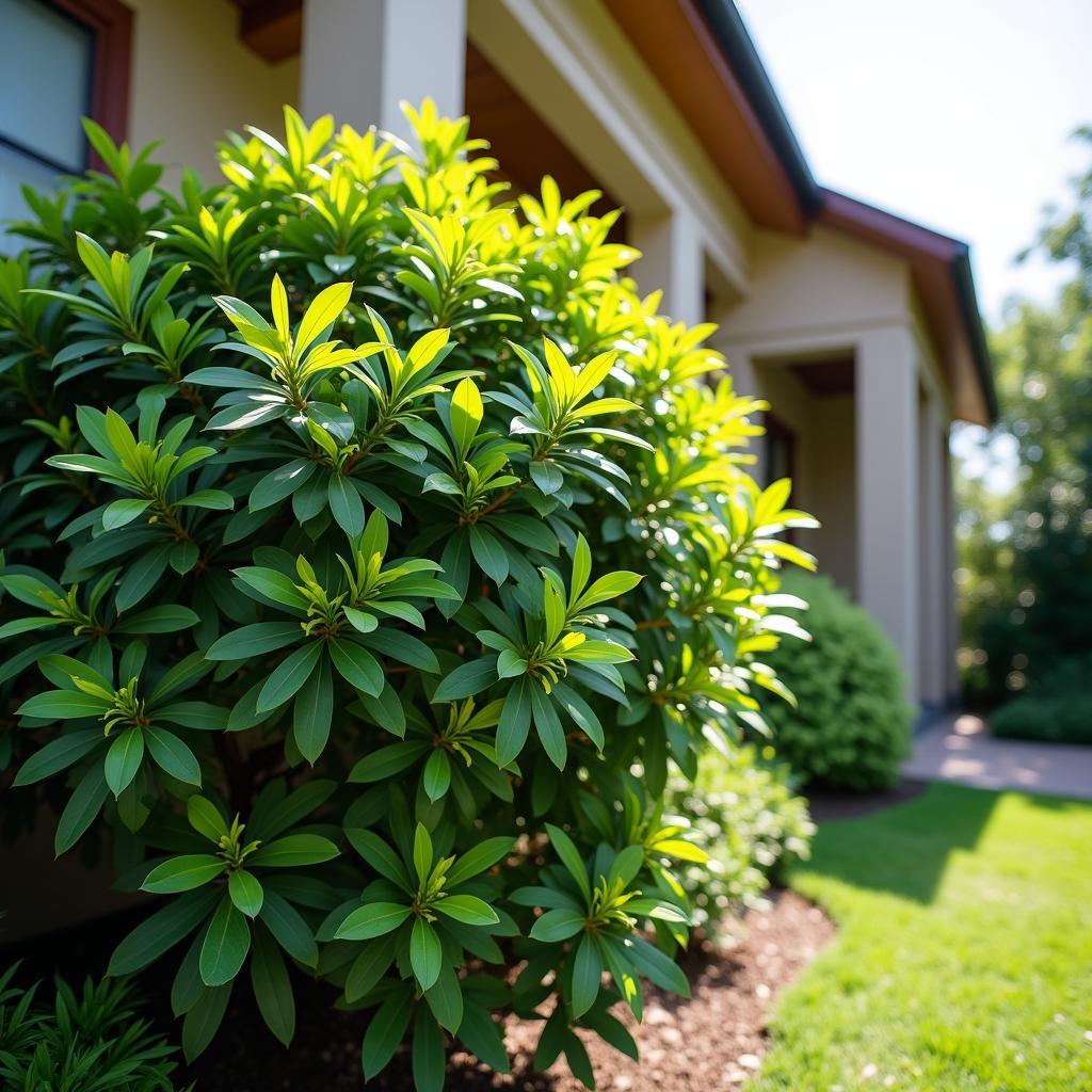 Cây hoa nguyệt quế xanh tốt trong sân vườn mang lại ý nghĩa phong thủy tốt đẹp