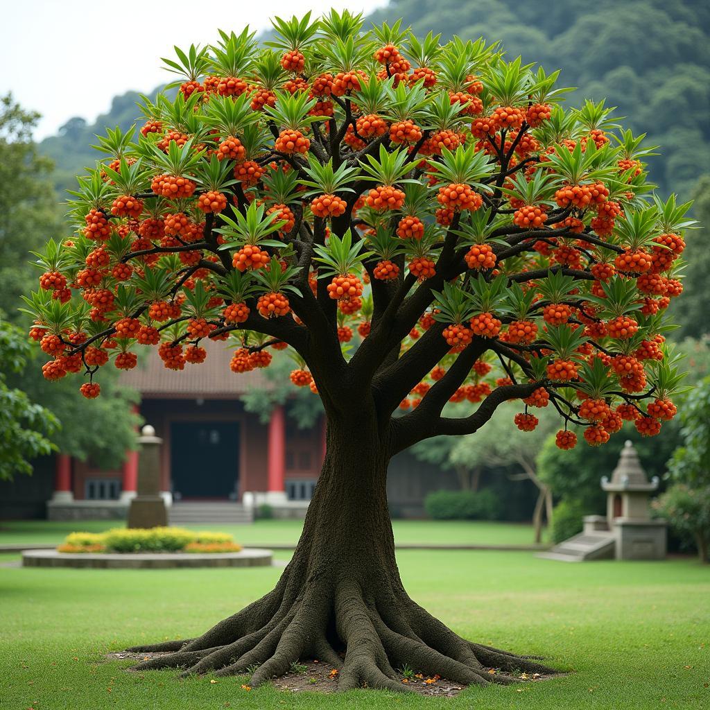 Hinh anh cay hoa sala sai hoa trong khuon vien chua mang lai ve dep va nang luong tot lanh