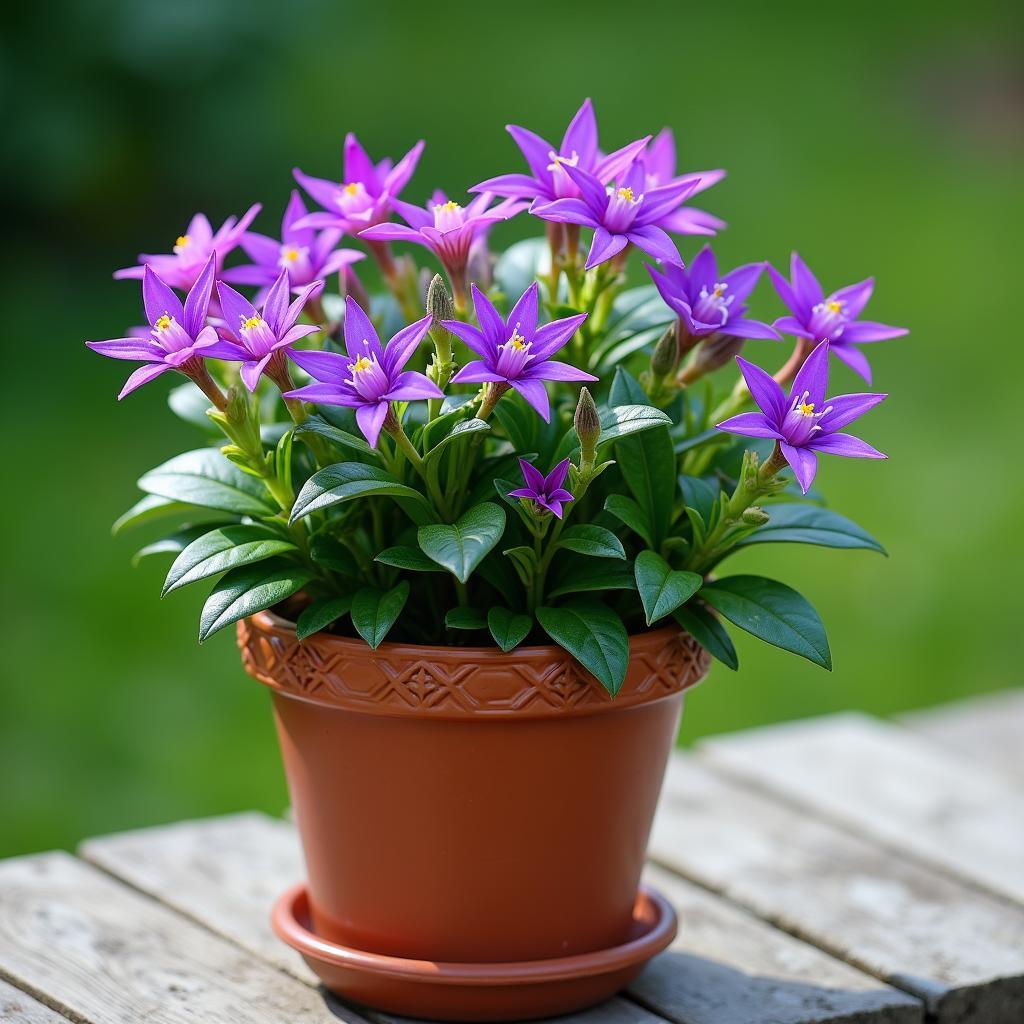 Cay hoa sao tim mau tim ruc ro duoc trong trong chau dat trang tri san vuon dep mat