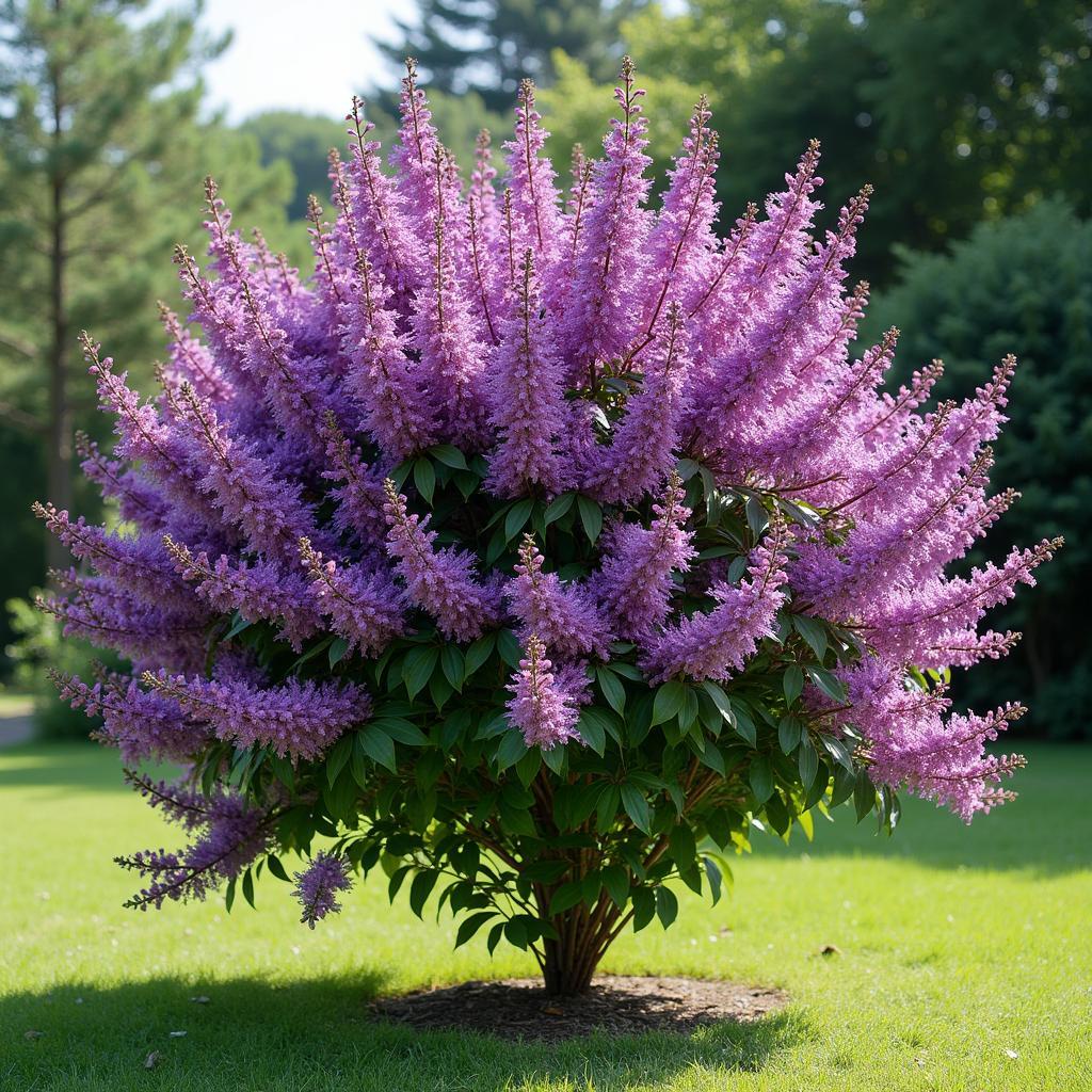 Cây hoa tường vi tím cao lớn, nở rộ trong sân vườn, mang ý nghĩa phong thủy tốt lành, làm đẹp không gian sống