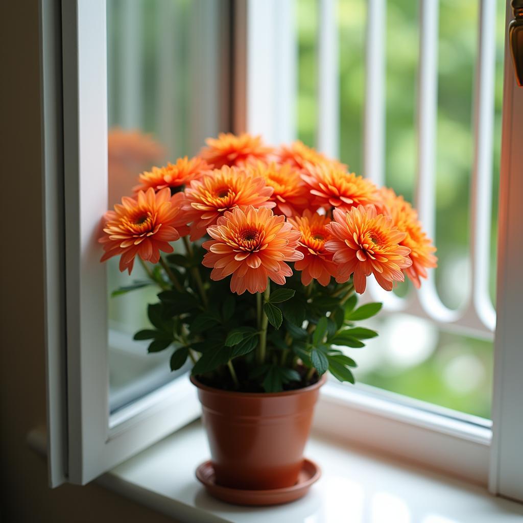 Chậu hoa cúc nhật nhỏ trang trí không gian sống, mang ý nghĩa phong thủy về may mắn, tài lộc và sự tươi mới cho ngôi nhà.