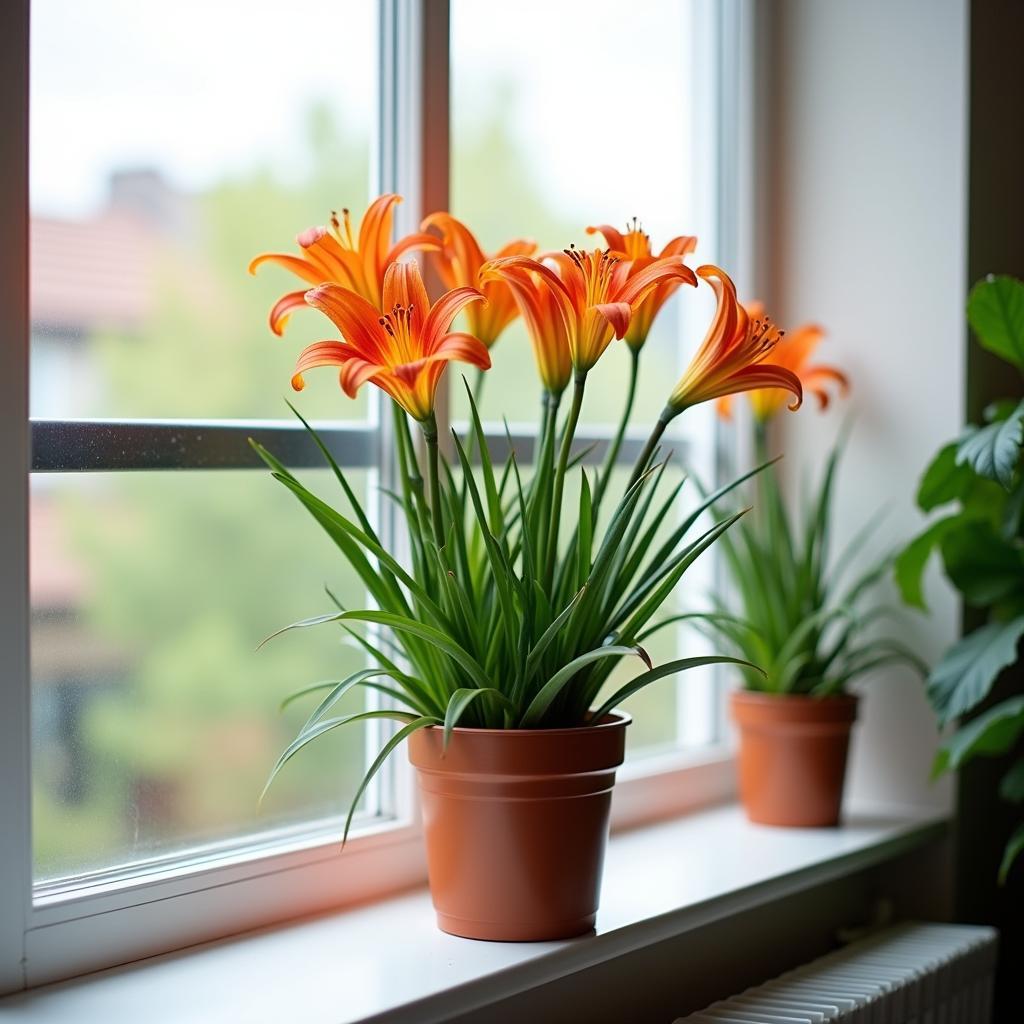 Chau hoa hien trang tri ban cong hoac san vuon, mang nang luong tot va y nghia giai sau cho gia dinh.