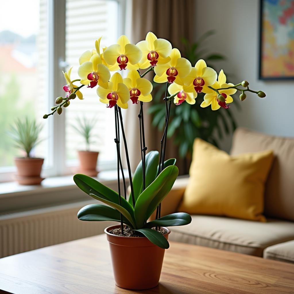 Chậu hoa vũ nữ vàng đặt trong nhà hoặc văn phòng, mang đến tài lộc và năng lượng tích cực theo phong thủy.