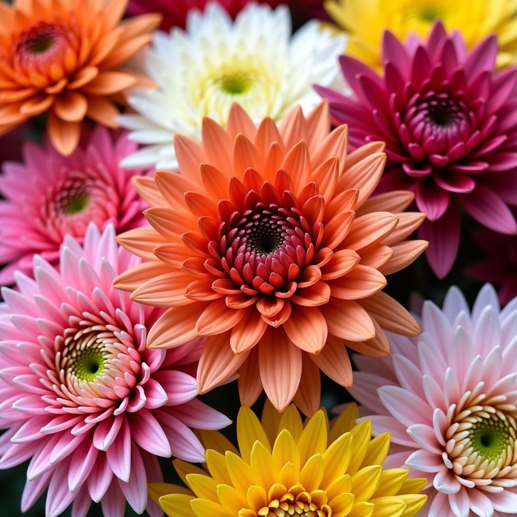 Hình ảnh hoa cúc nhật đa dạng màu sắc và kiểu dáng hoa kép, rực rỡ, tượng trưng cho vẻ đẹp và sự sung túc.