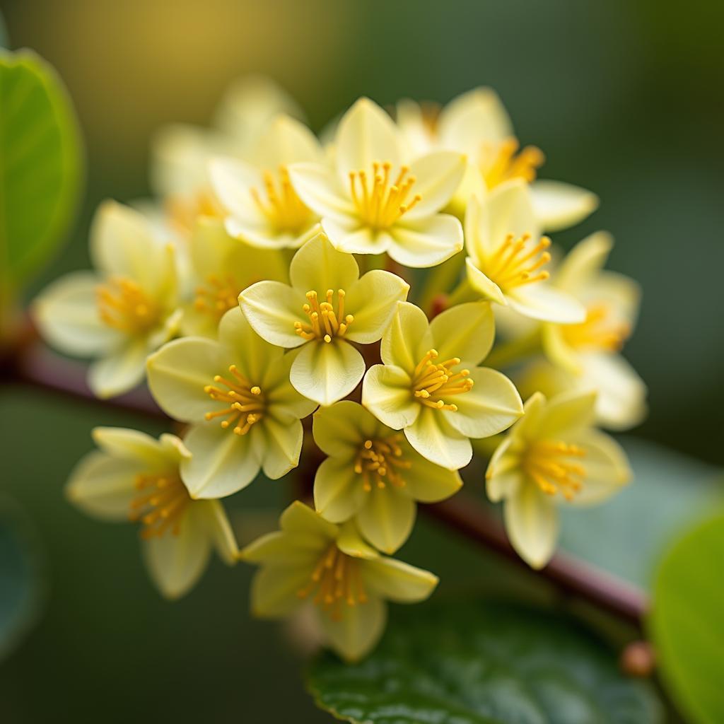 Hình ảnh hoa nhãn li ti màu vàng nhạt, nở rộ thành chùm, hương thơm đặc trưng