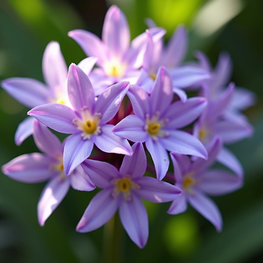 Hinh anh hoa sao tim dep tinh khoi voi canh mong manh va nhuy vang ruc ro duoi anh mat troi