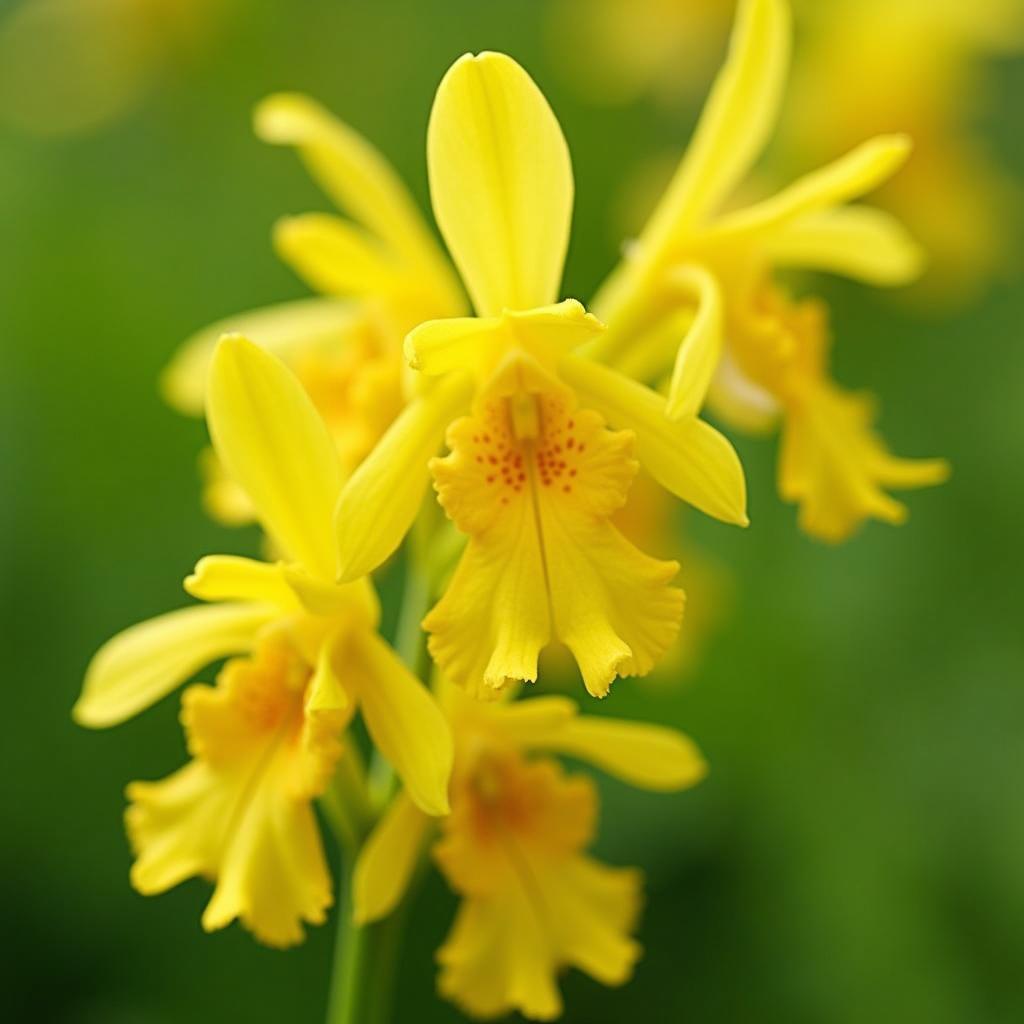 Hình ảnh hoa vũ nữ vàng rực rỡ như vũ công đang nhảy múa, biểu tượng của niềm vui và sự giàu có.