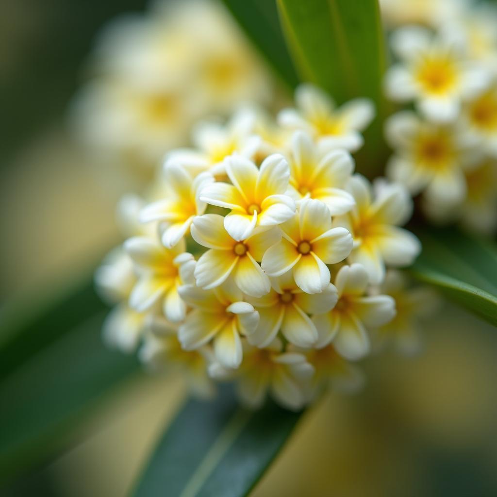 Cận cảnh chùm hoa nguyệt quế nhỏ li ti màu trắng vàng tỏa hương thơm ngào ngạt quyến rũ