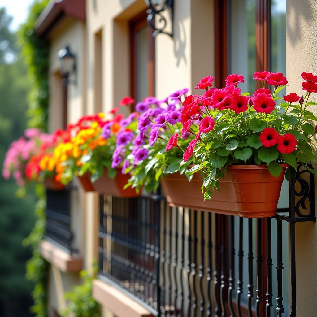 Hoa dạ yến thảo rủ sắc màu trang trí ban công, mang lại không gian tươi mới và năng lượng tích cực theo phong thủy.