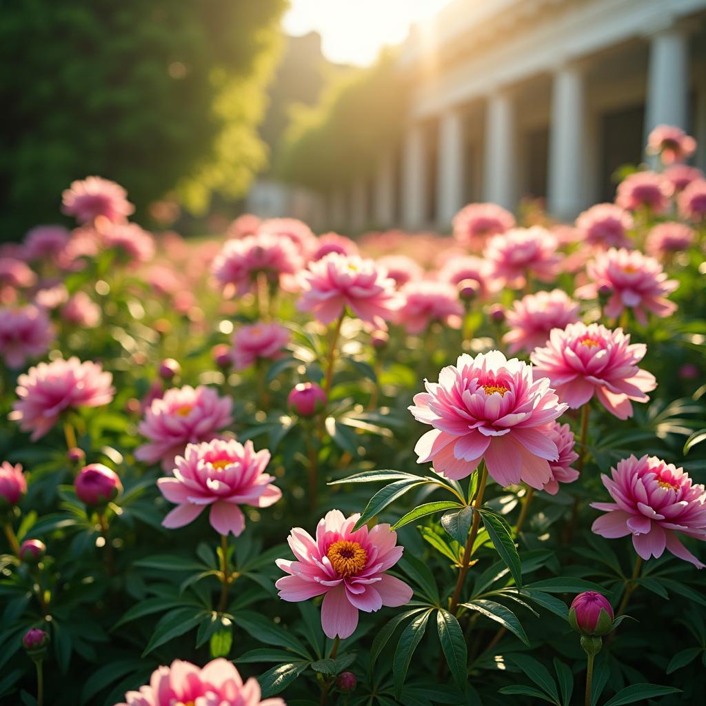 Khung cảnh vườn hoa mẫu đơn nở rộ tuyệt đẹp, mang năng lượng phong thủy tốt lành, phú quý, may mắn.